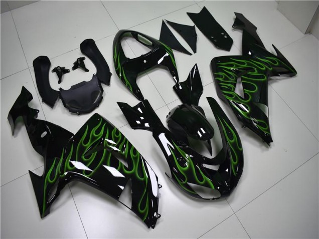 Carénage Kawasaki ZX10R 2006-2007 - Noir Vert Flamme Bon Marché Carénage Kawasaki ZX10R 2006-2007 - Noir Vert Flamme Bon Marché